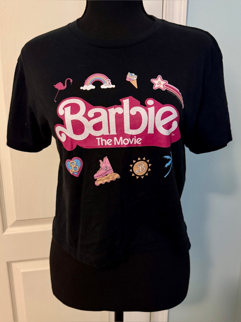 NWOT Barbie The Movie Graphic Tee with Pink Logo Size Small Black